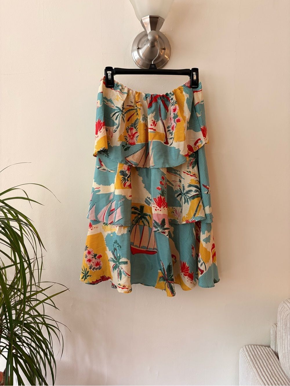 Teal Yellow Tropical Print Tiered Midi Skirt Boho Vacation Resort Wear Size L